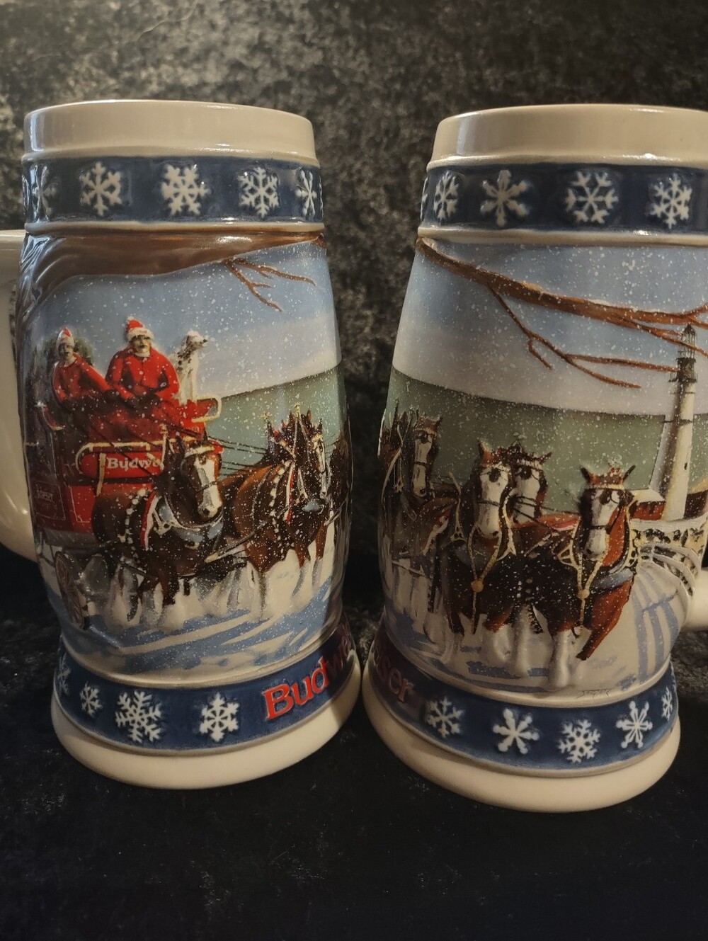 Budweiser 1995 Lighting The Way Home Holiday Clydesdale Ceramic Beer Stein x2